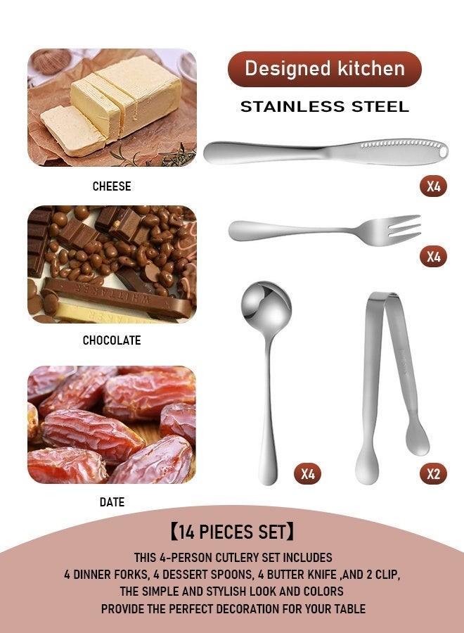 14-Piece Stainless Steel Butter Knife Set with Spreader, Dessert Forks, Spoons & Tongs - Kitchen Essential for Baking, Cheese Boards，Dessert Cutlery Set - Image 5