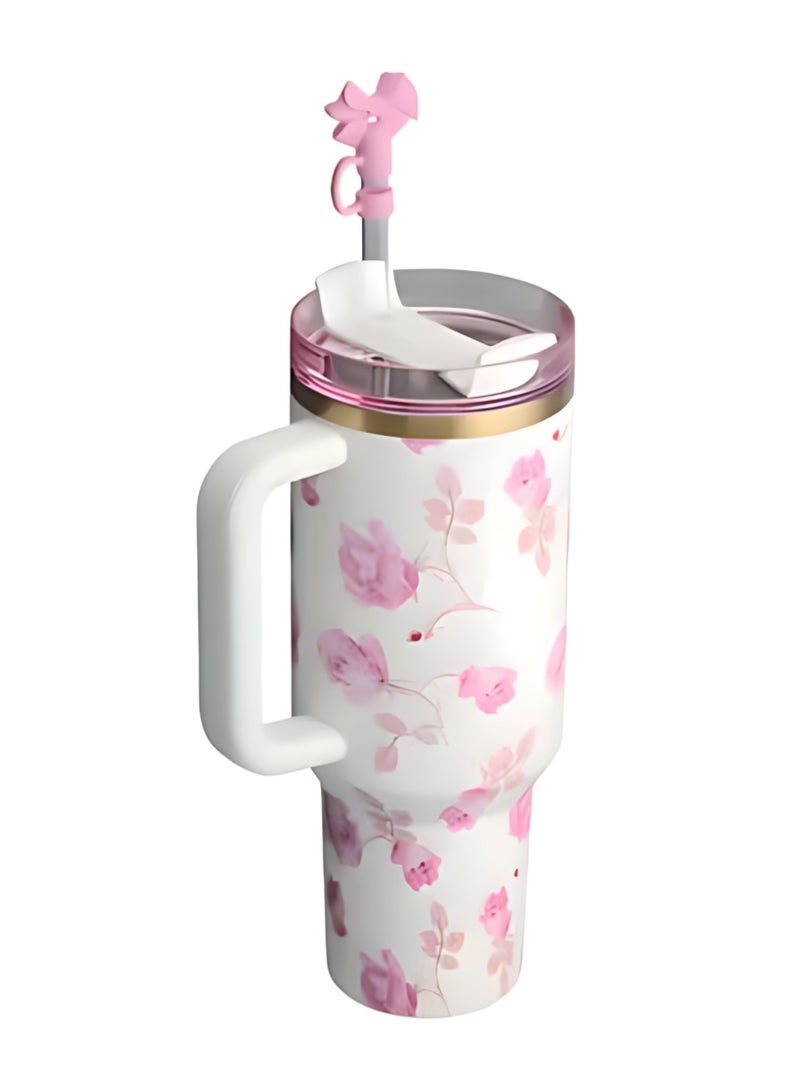 ستانلي x لوف شاك فانسي إصدار محدود ريبون روزا - كوب 40 أونصة ستانلس ستيل معزول حرارياً بقشة وغطاء مانع للتسرب، تصميم زهري - Image 2