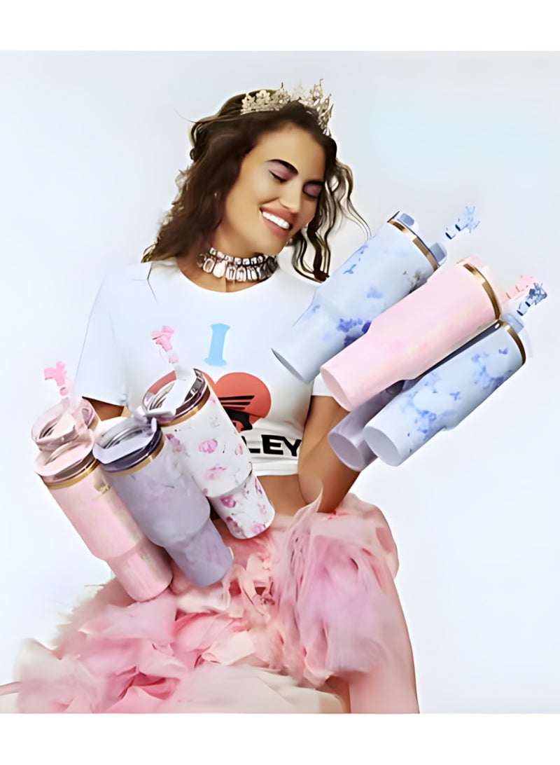 ستانلي x لوف شاك فانسي إصدار محدود ريبون روزا - كوب 40 أونصة ستانلس ستيل معزول حرارياً بقشة وغطاء مانع للتسرب، تصميم زهري - Image 4