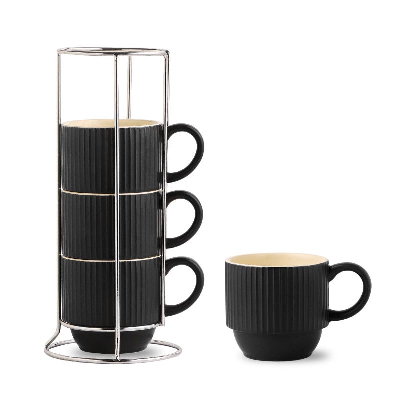 Hasense Black Coffee Mug Porcelain Set of 4 with Rack  12 oz Stackable Coffee Cups Ceramic Modern Ribbed Latte Cup Sets for Cappuccino Tea Espresso Hot Cocoa Drinks  Dishwasher  Microwave Safe