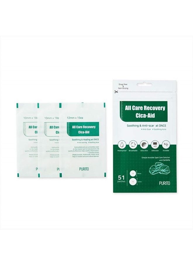 PURITO - Pimple Patches, PURITO All Care Recovery Cica-Aid 51 Patches,Blemish Spot, Acne pimple spot treatment, hydrocolloid Dots, Acne patch, Pimple Master, Absorbing cover, Centella, Invisible, Healing Patch - Image 1