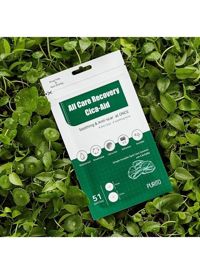 PURITO - Pimple Patches, PURITO All Care Recovery Cica-Aid 51 Patches,Blemish Spot, Acne pimple spot treatment, hydrocolloid Dots, Acne patch, Pimple Master, Absorbing cover, Centella, Invisible, Healing Patch - Image 1