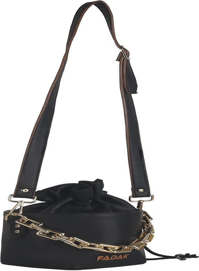 FADAK PU Potli Sling Bag for Women and Girl Bridal Potli Style Royal Clutch Batwa Wedding potli for lady (Black) - Image 1