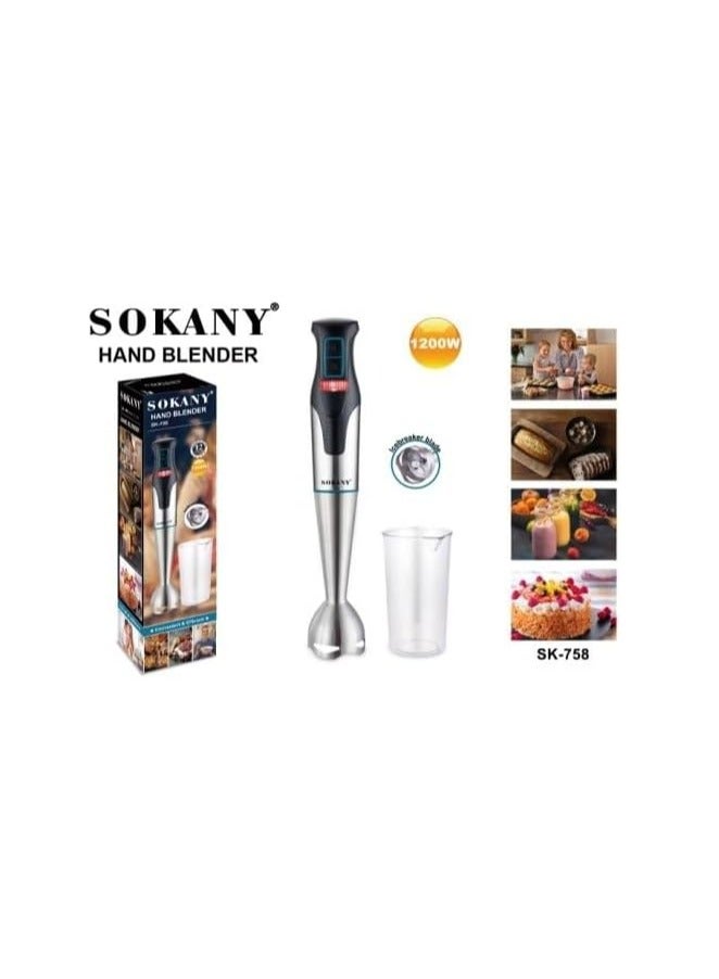 سوكاني خلاط يدوي سوكاني + كوب 800 مل، 1200 واط، عصا من الفولاذ المقاوم للصدأ، شفرتان، شفرات لسحق الثلج، محرك نحاسي، سرعتان، آمن للاستخدام في غسالة الأطباق، سهل الاستخدام والتنظيف، أسود فضي - Image 2