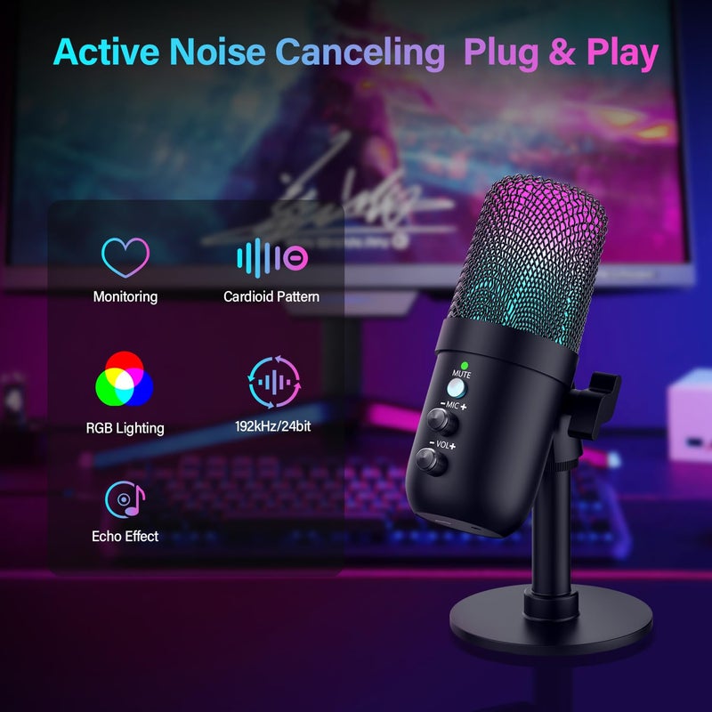 LRUFOB USB Microphone, Computer Condenser Mic with Noise Cancellation, Echo Mode, RGB Lighting, Mute Button, Plug & Play Gaming Mic for PC, Mac, PS5, Streaming, Recording, Podcasting & Online Meetings - Image 2