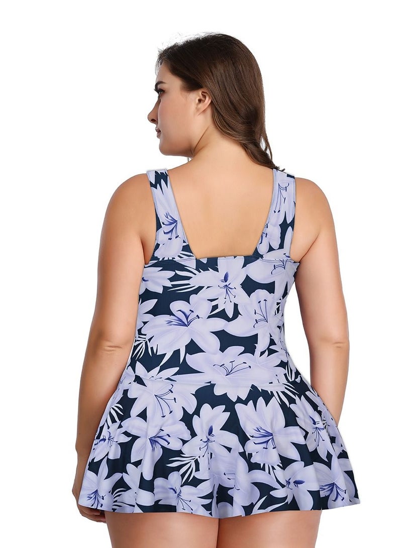 Loquat White Flower Pattern Skirt Style Split Bikini Big Size Swimsuit Female Navy Blue - Image 2