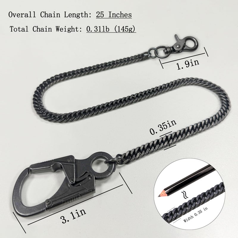 Ahiller Men's Heavy Duty Wallet Chain - 25" Stainless Steel Key Chain with Alloy Carabiner & Double Lock, for Biker Punk Style Accessories (QK-Gunmetal-JR-1P) - Image 5