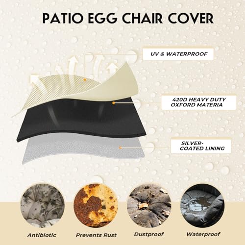 Uthem Double Egg Chair Cover Waterproof 420D Oxford Hanging Outdoor Furniture Covers for Patio Wicker Egg Swing Cocoon Chair, 91x80 Inches,Beige - Image 2