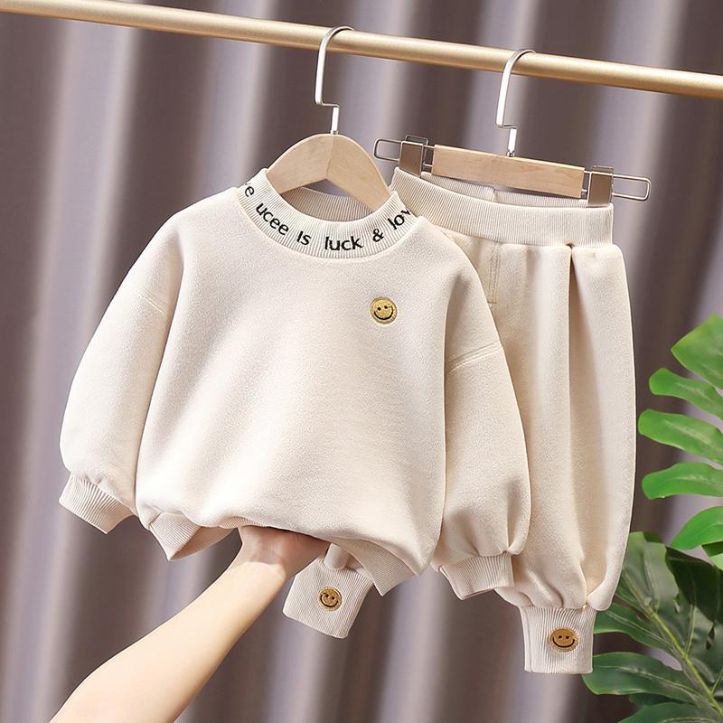 Boys Girls Fleece-Lined Hoodie  Pants Set Beige suit
