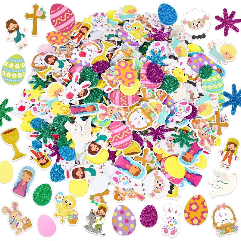 Whaline 400Pcs Easter Foam Stickers Bunny Egg Jesus Angle Prints Foam Decals Glitter Egg Rabbit Chick SelfAdhesive Stickers for Easter Holiday Party Home Scrapbook Decoration DIY Crafts