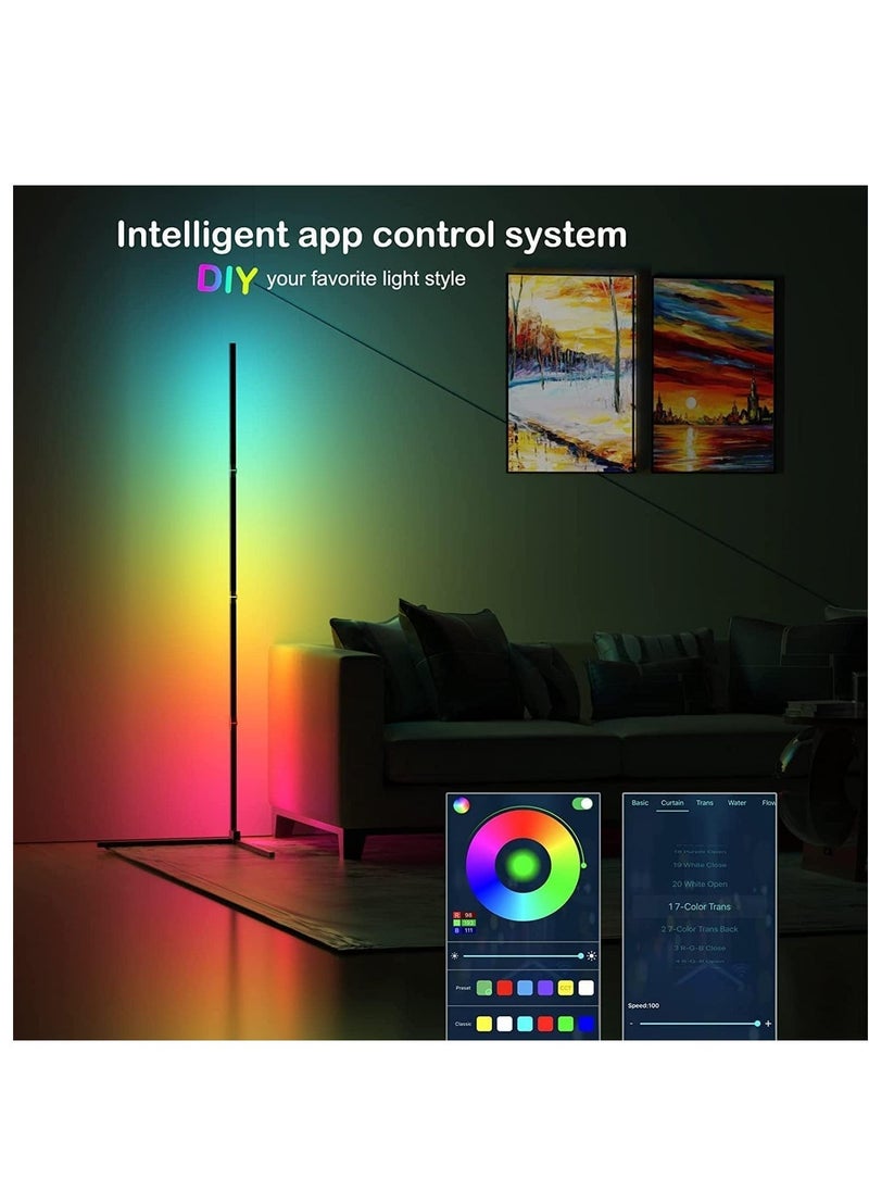 RGB LED Floor Lamp with Bluetooth App, RGB Corner Floor Lamp with Remote Control, Music and DIY Mode, Color Changing Mood Lighting for Living Room, Bedroom