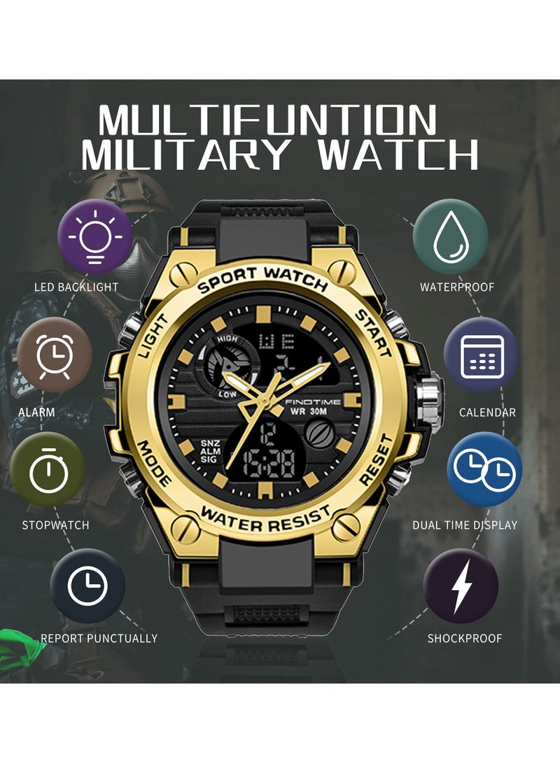 SYOSI Military Watches for Men, Large Face Army Watch, Waterproof Tactical Watches Men Army Digital Sports Outdoor Stopwatch LED Survival Tough Electronic Alarm Clock Black Gold Wrist Watch - Image 3