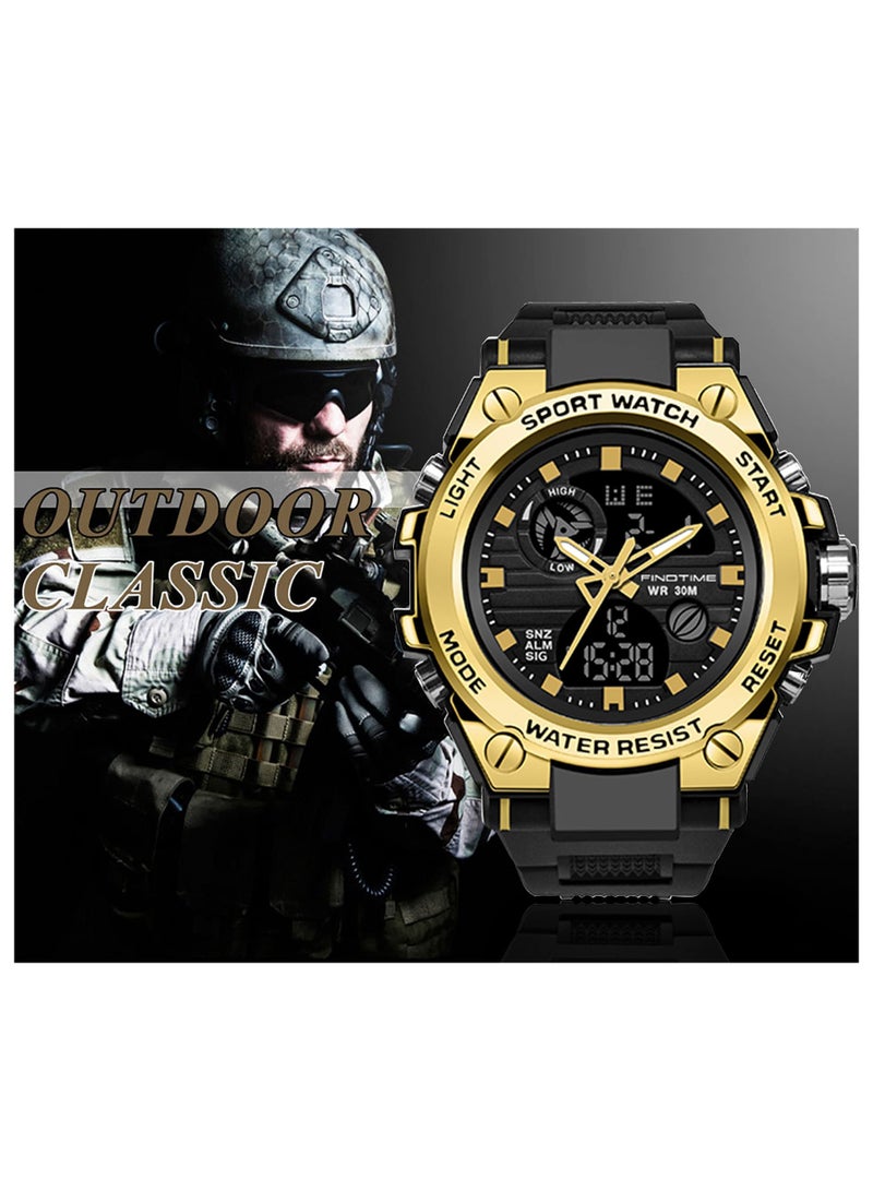 SYOSI Military Watches for Men, Large Face Army Watch, Waterproof Tactical Watches Men Army Digital Sports Outdoor Stopwatch LED Survival Tough Electronic Alarm Clock Black Gold Wrist Watch - Image 2