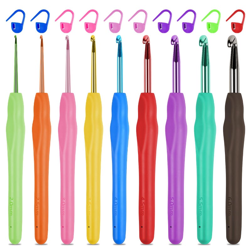 HOTUT Crochet Hook, 9-Piece Crochet Hook Set with 10 Stitch Markers, Soft Silicone Crochet Hooks with Ergonomic Handle, Colourful Crochet Hook for Beginners and Experienced Crochet Lovers (2.0 mm - Image 1