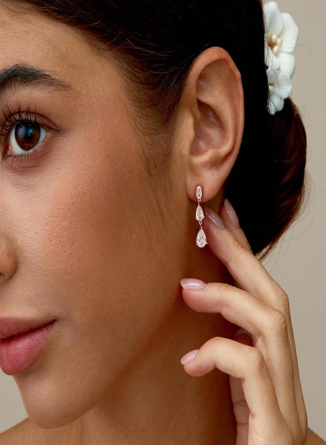 Ewrkbrㅤ Ewrkbr Dangle Earrings for Women, Elegant Wedding Earrings 14K Gold Plated Long Cubic Zirconia Drop Earrings for Women Trendy Dainty Bridal Earrings Cute Dangly Wedding Jewelry, 3cz rose gold earrings - Image 5