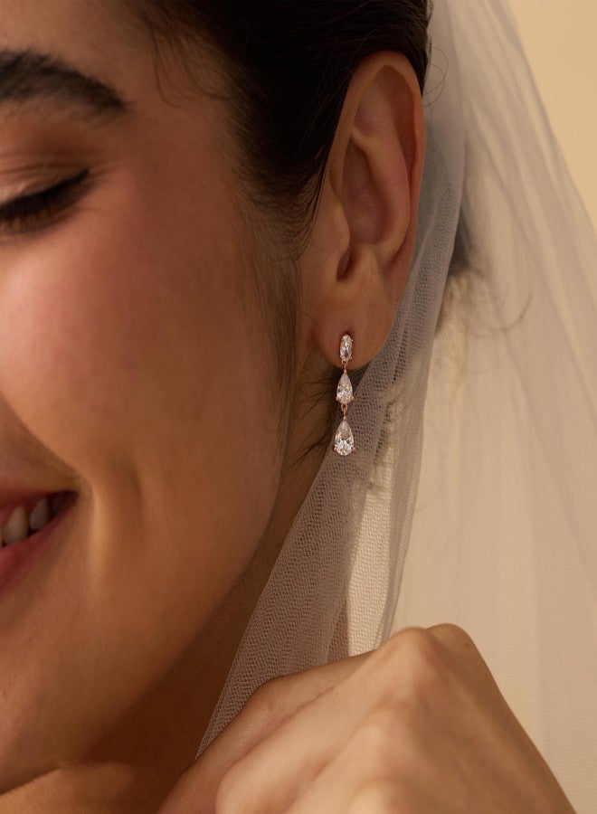 Ewrkbrㅤ Ewrkbr Dangle Earrings for Women, Elegant Wedding Earrings 14K Gold Plated Long Cubic Zirconia Drop Earrings for Women Trendy Dainty Bridal Earrings Cute Dangly Wedding Jewelry, 3cz rose gold earrings - Image 2