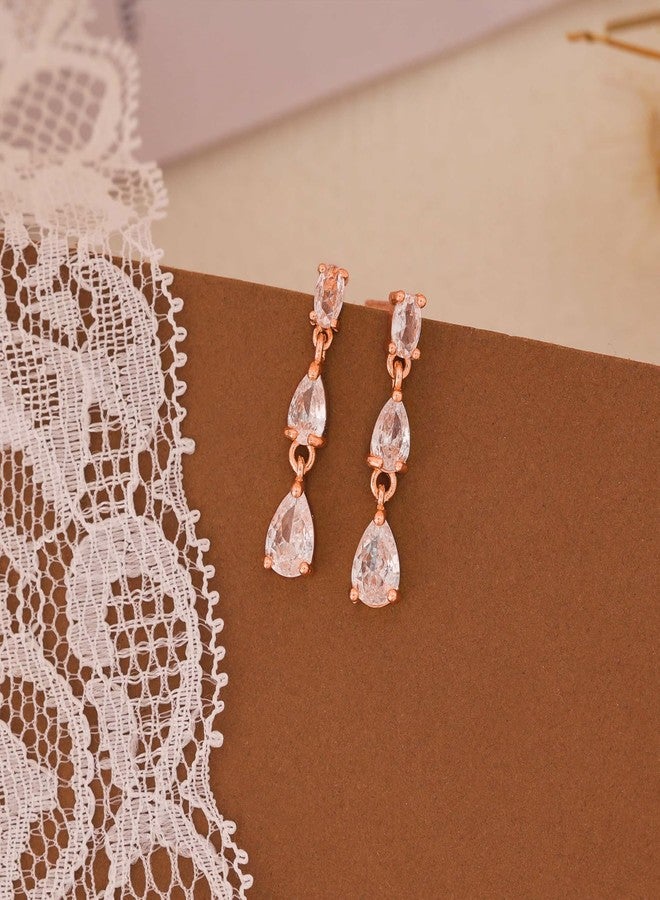 Ewrkbrㅤ Ewrkbr Dangle Earrings for Women, Elegant Wedding Earrings 14K Gold Plated Long Cubic Zirconia Drop Earrings for Women Trendy Dainty Bridal Earrings Cute Dangly Wedding Jewelry, 3cz rose gold earrings - Image 4