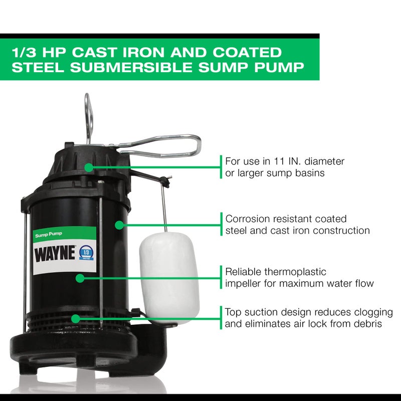 WAYNE CDU790 - 1/3 HP Submersible Cast Iron and Stainless Steel Sump Pump with Integrated Vertical Float Switch - Up to 4,600 Gallons Per Hour - Heavy Duty Basement Sump Pump, Black - Image 3