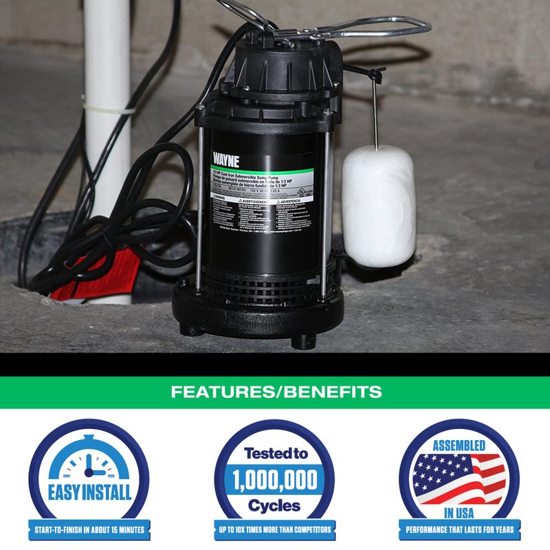 WAYNE CDU790 - 1/3 HP Submersible Cast Iron and Stainless Steel Sump Pump with Integrated Vertical Float Switch - Up to 4,600 Gallons Per Hour - Heavy Duty Basement Sump Pump, Black - Image 2