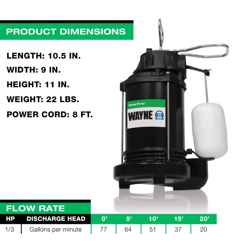 WAYNE CDU790 - 1/3 HP Submersible Cast Iron and Stainless Steel Sump Pump with Integrated Vertical Float Switch - Up to 4,600 Gallons Per Hour - Heavy Duty Basement Sump Pump, Black - Image 5