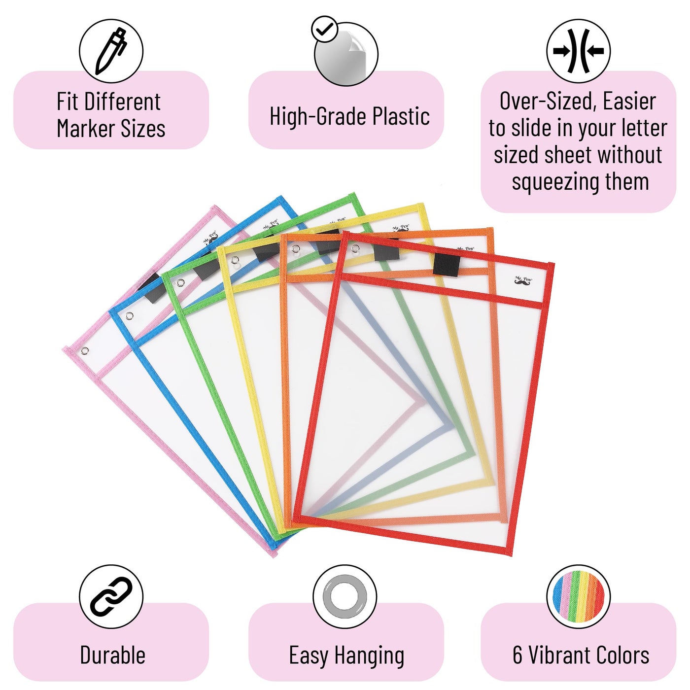 Bonbela Dry Erase Pocket Sheets - 6 Pack, 1 X 13 Inches, Reusable Plastic Sleeves