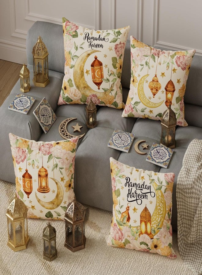 ZAEW Flowers Golden Lantern Moons Stars Ramadan Kareem Pillow Covers Throw Pillow Cases Set of 4 Decorations for Home Sofa Cushion Cover Party Holiday Decor 18x18 Inch - Image 4