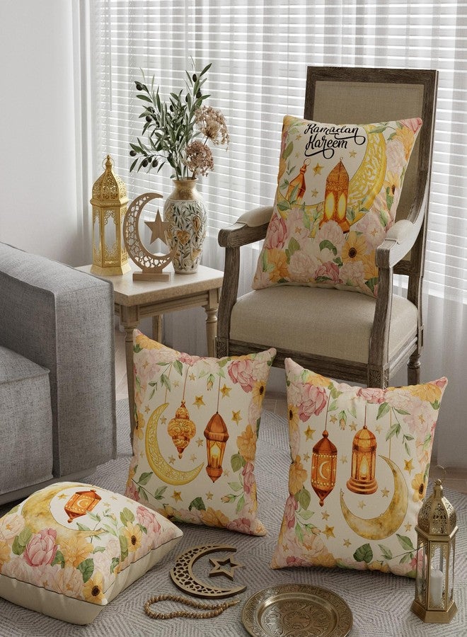 ZAEW Flowers Golden Lantern Moons Stars Ramadan Kareem Pillow Covers Throw Pillow Cases Set of 4 Decorations for Home Sofa Cushion Cover Party Holiday Decor 18x18 Inch - Image 3