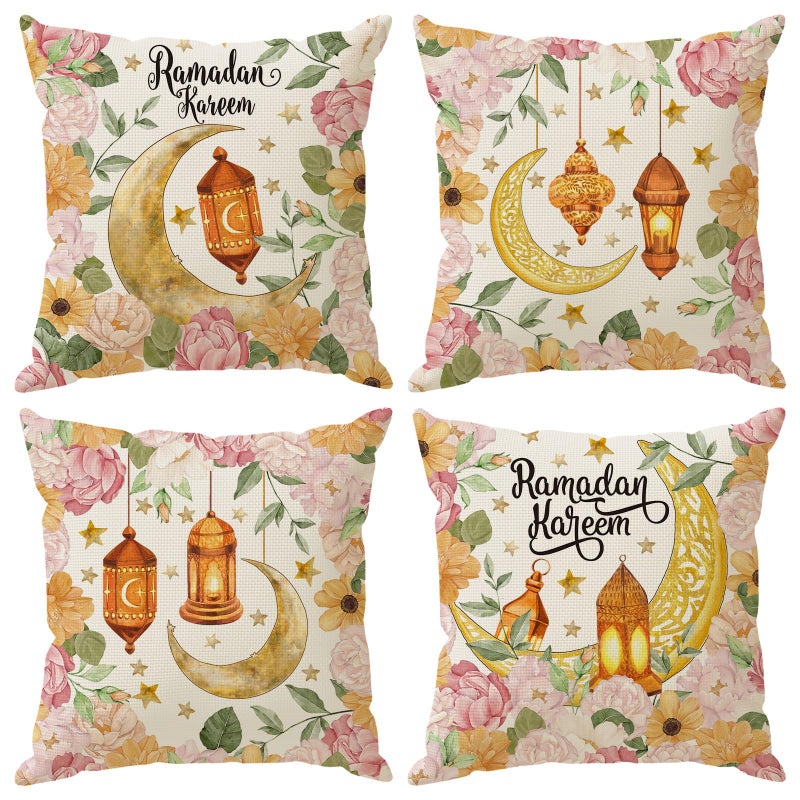 ZAEW Flowers Golden Lantern Moons Stars Ramadan Kareem Pillow Covers Throw Pillow Cases Set of 4 Decorations for Home Sofa Cushion Cover Party Holiday Decor 18x18 Inch - Image 1