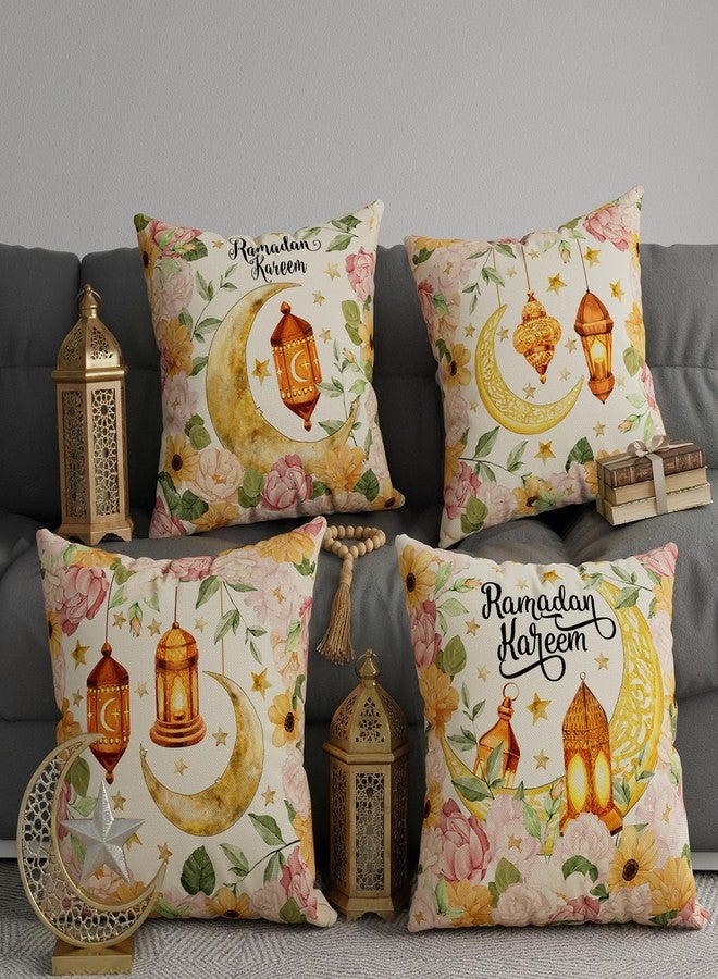 ZAEW Flowers Golden Lantern Moons Stars Ramadan Kareem Pillow Covers Throw Pillow Cases Set of 4 Decorations for Home Sofa Cushion Cover Party Holiday Decor 18x18 Inch - Image 2
