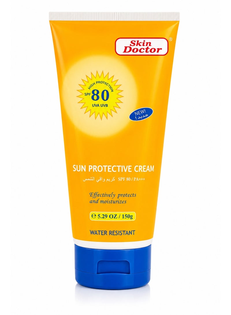 Skin Doctor Sun Protective Cream SPF 80 PA+++, Water Resistant UVA/UVB Protection, 150g - Image 1