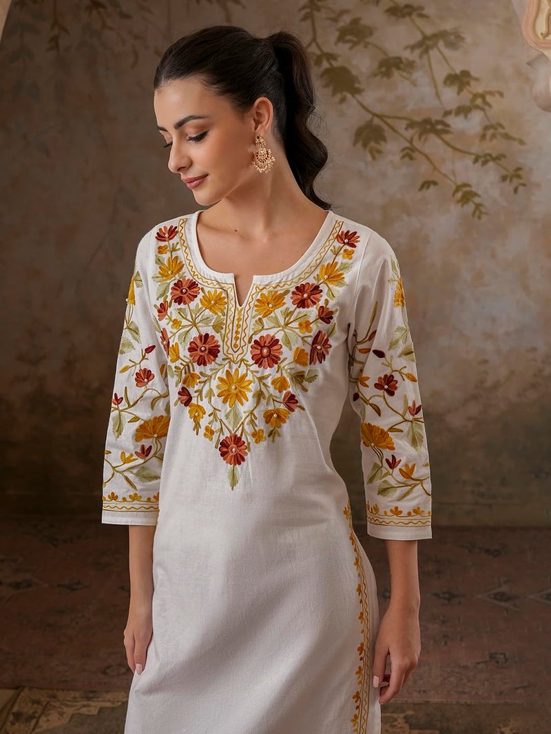 QAZMI Women's Mahnaz Kashmiri Chinarkari Work White Kurti_2XL - Image 2