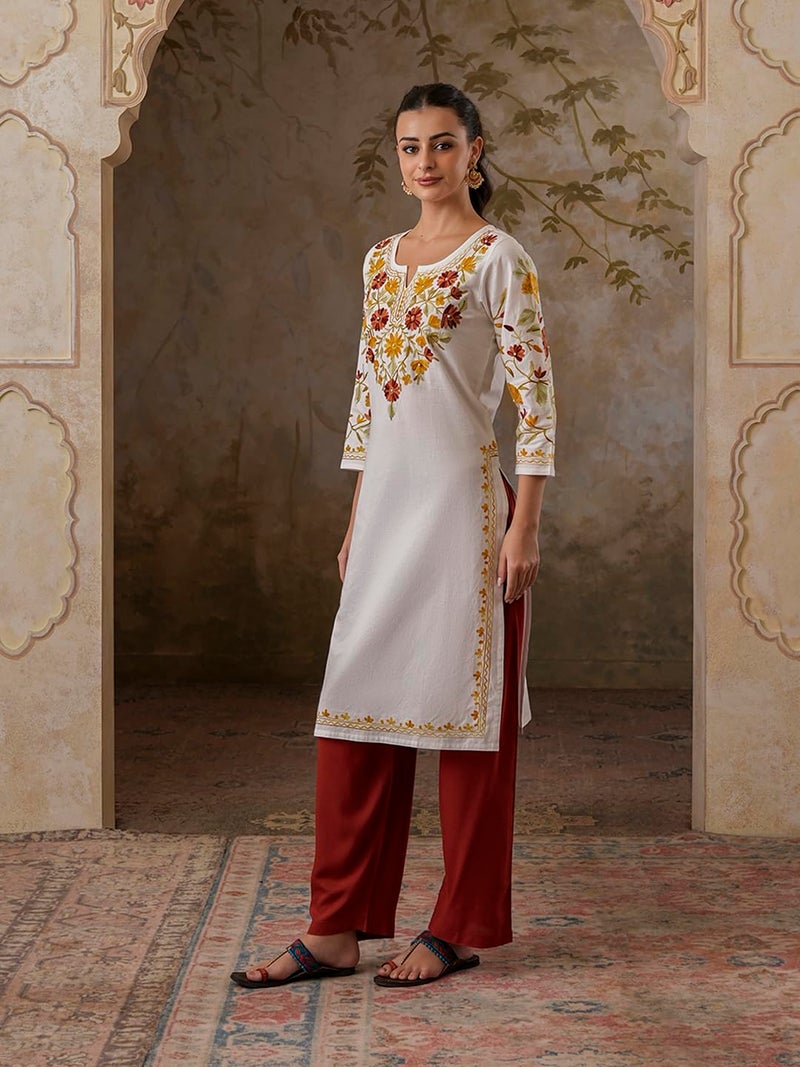 QAZMI Women's Mahnaz Kashmiri Chinarkari Work White Kurti_2XL - Image 3