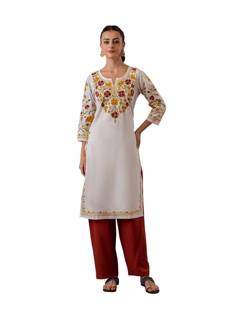 QAZMI Women's Mahnaz Kashmiri Chinarkari Work White Kurti_2XL - Image 1