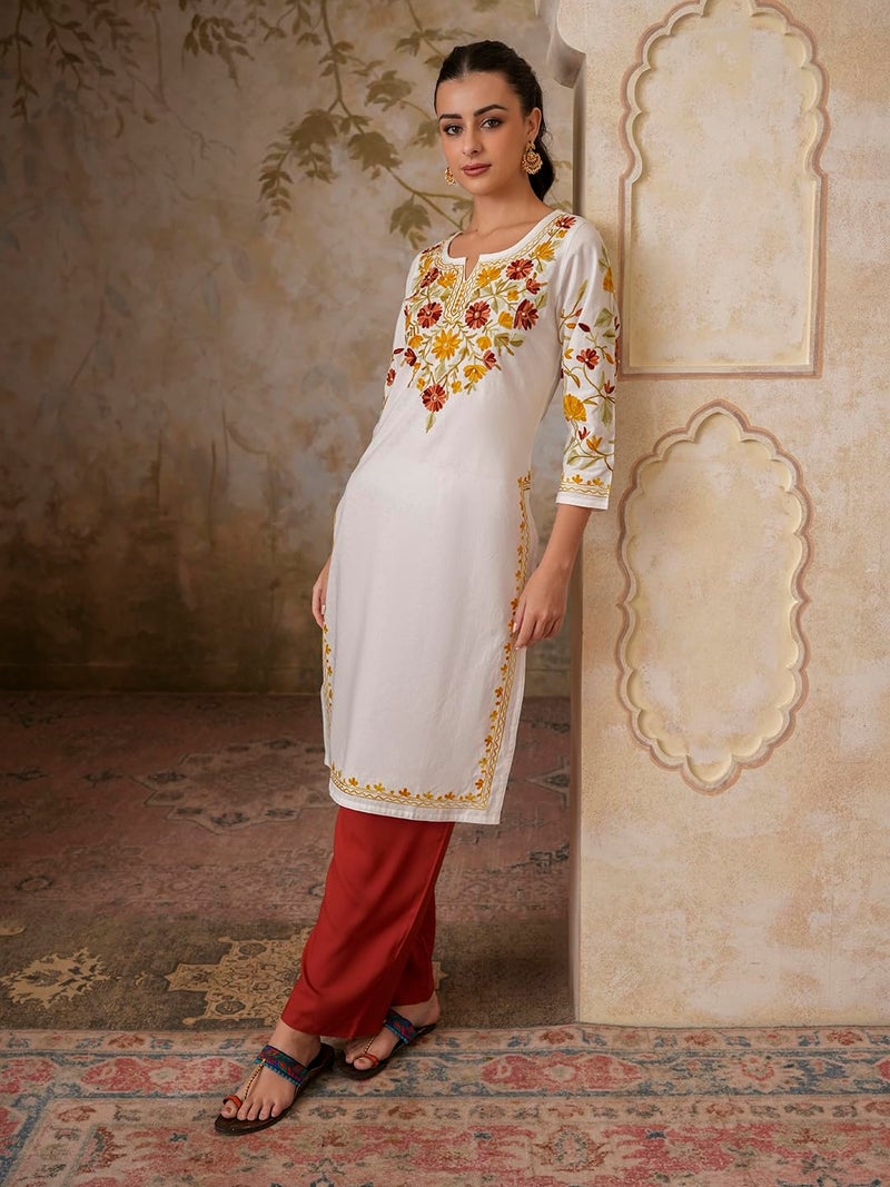 QAZMI Women's Mahnaz Kashmiri Chinarkari Work White Kurti_2XL - Image 4