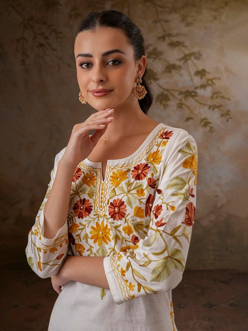 QAZMI Women's Mahnaz Kashmiri Chinarkari Work White Kurti_2XL - Image 5