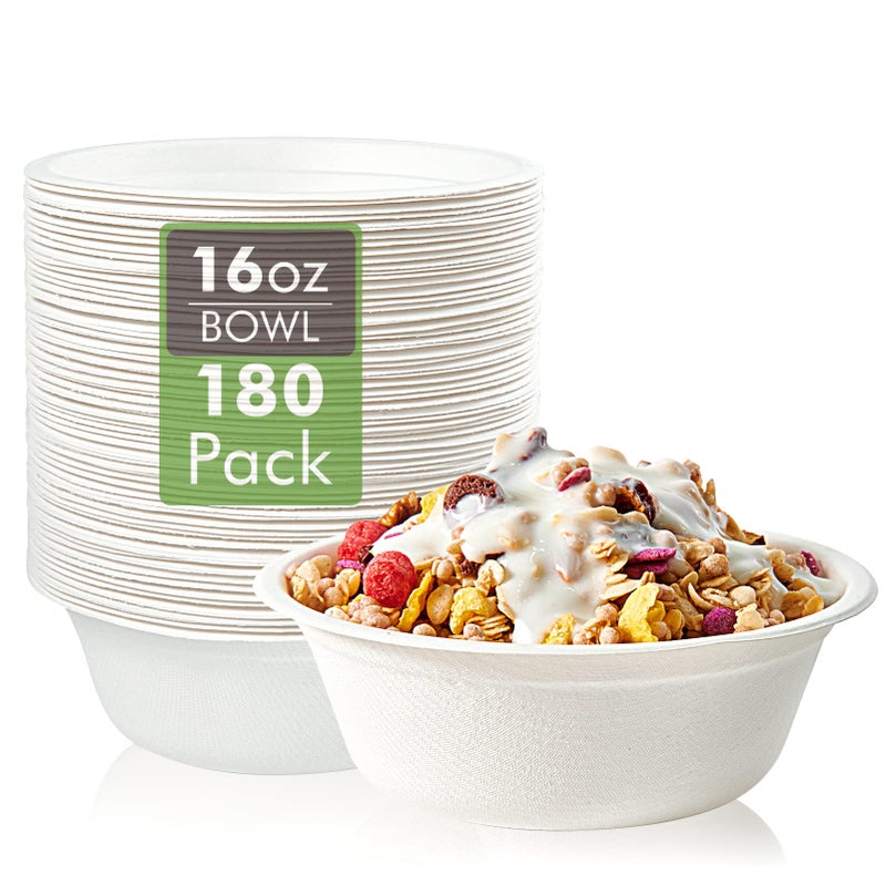 Vplus 180 Pack 16 OZ Paper Bowls Disposable Compostable Bulk Ecofriendly Bagasse Heavyduty Bowls Perfect for Milk Cereals Snacks Salads