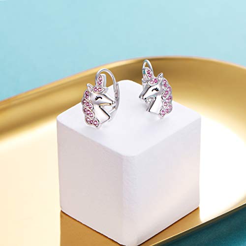 Flyow 925 Sterling Silver Magical Unicorn Earrings Pink Unicorn Drop Dangle Leverback Earrings for Women Daughter Gift - Image 3
