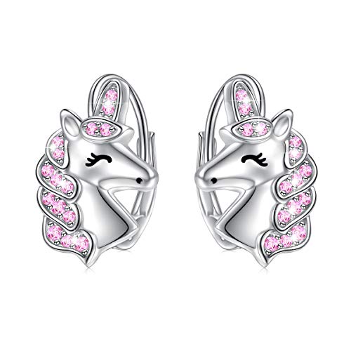Flyow 925 Sterling Silver Magical Unicorn Earrings Pink Unicorn Drop Dangle Leverback Earrings for Women Daughter Gift - Image 1