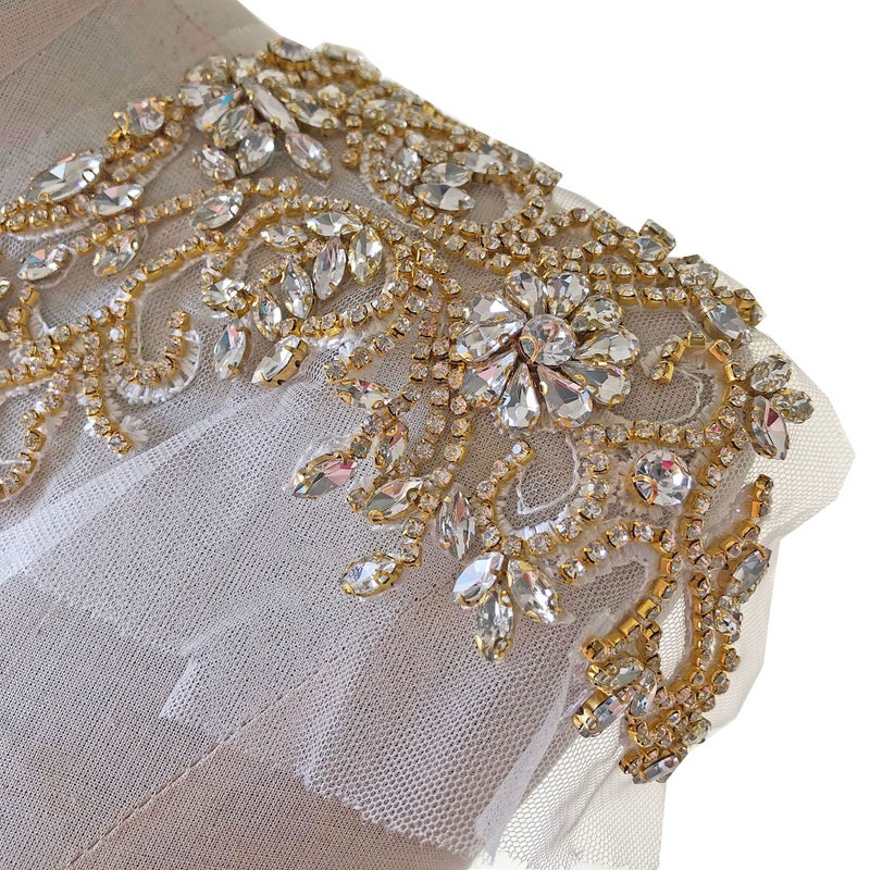 Sparkle Rhinestone Applique Wedding Dress Accessories Beaded Patch VNeck Crystal Neckline Gold Color