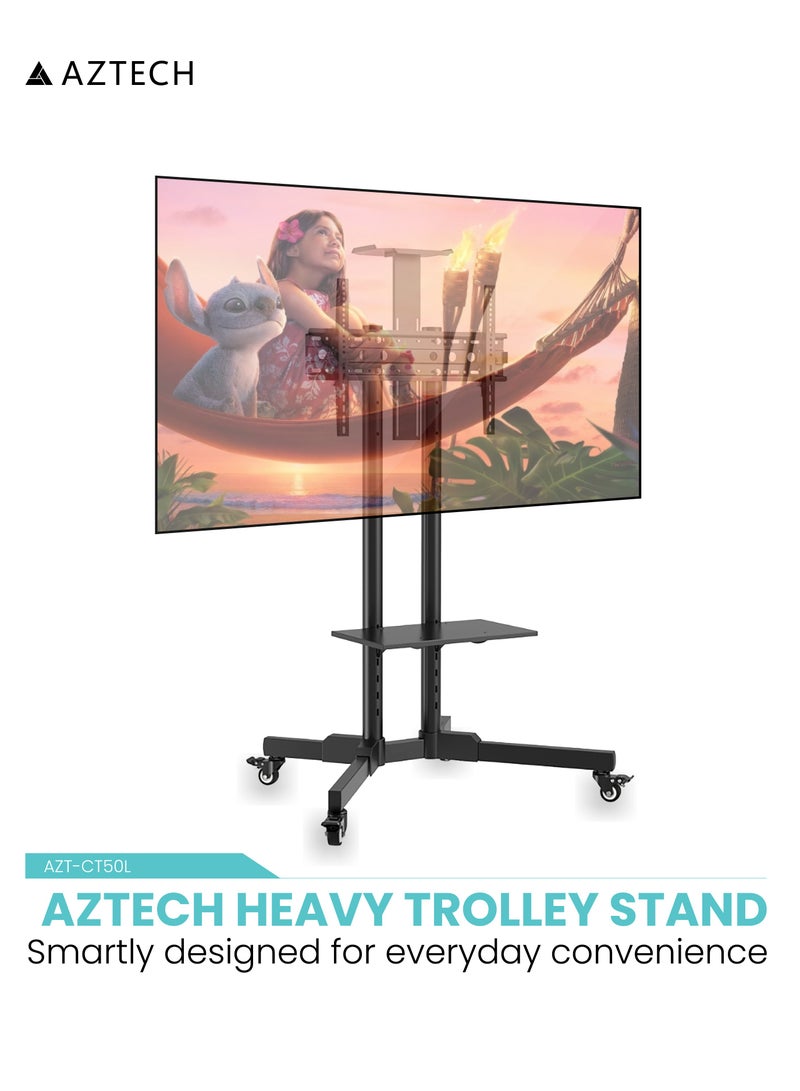 أزتك حامل تلفزيون متنقل مع عجلات للتلفزيونات بحجم 32-75 بوصة، قابل لتعديل الارتفاع، مع عجلات قابلة للإغلاق ورف قابل للإزالة لتلفزيون LCD LED 4K المسطح المنحني، يتحمل وزن حتى 110 رطل، الحجم الأقصى لمعيار VESA 600x400mm، الأبعاد 180x76x56cm، باللون الأسود - Image 1