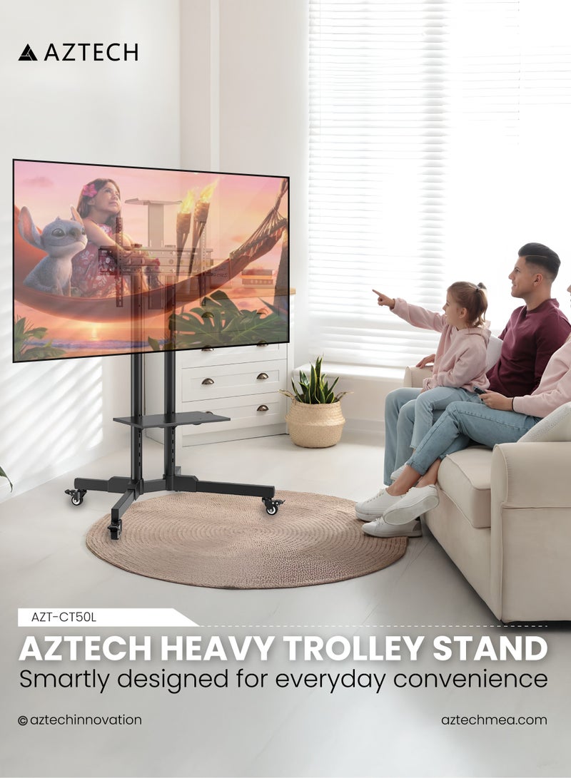 أزتك حامل تلفزيون متنقل مع عجلات للتلفزيونات بحجم 32-75 بوصة، قابل لتعديل الارتفاع، مع عجلات قابلة للإغلاق ورف قابل للإزالة لتلفزيون LCD LED 4K المسطح المنحني، يتحمل وزن حتى 110 رطل، الحجم الأقصى لمعيار VESA 600x400mm، الأبعاد 180x76x56cm، باللون الأسود - Image 2