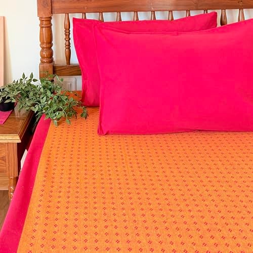 RANGBHAR 100% Cotton Handloom Premium Bedsheet with 2 Pillow Covers, Hand Woven Striped Bed Covers, 200 Thread Count, Elegant Bedcover Flat Sheet, 90 X 100 inches - Red, 200 TC - Image 5