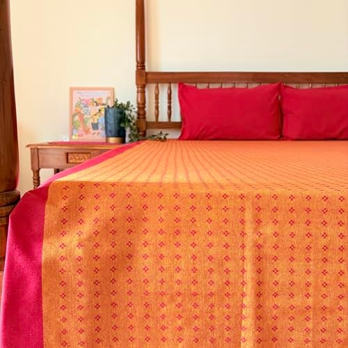 RANGBHAR 100% Cotton Handloom Premium Bedsheet with 2 Pillow Covers, Hand Woven Striped Bed Covers, 200 Thread Count, Elegant Bedcover Flat Sheet, 90 X 100 inches - Red, 200 TC - Image 1