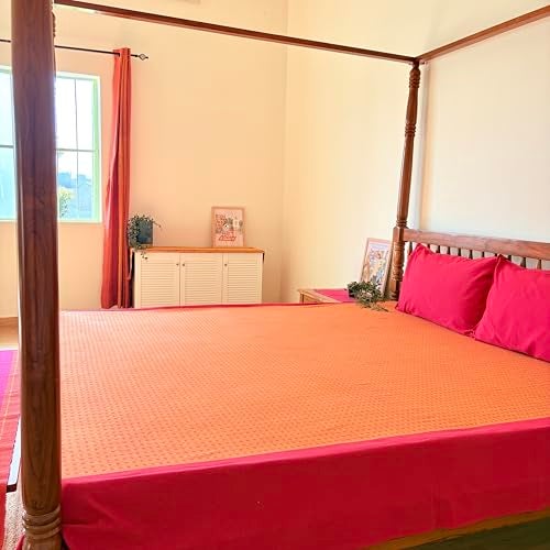 RANGBHAR 100% Cotton Handloom Premium Bedsheet with 2 Pillow Covers, Hand Woven Striped Bed Covers, 200 Thread Count, Elegant Bedcover Flat Sheet, 90 X 100 inches - Red, 200 TC - Image 3
