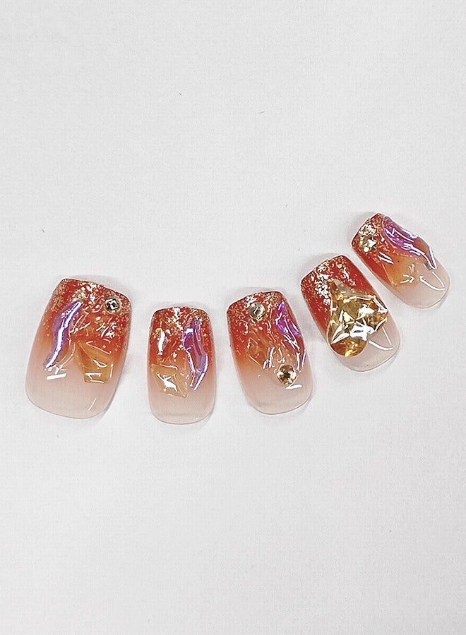 NIBEMINENT 30Pcs Fake Nails, Press Nails In Box,Short-length Flat head shaped Solid Gradient Red Color Shiny Nail Art,Love Heart Zircon,Fake Nail Patch - Image 2