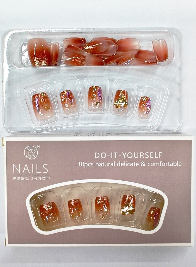 NIBEMINENT 30Pcs Fake Nails, Press Nails In Box,Short-length Flat head shaped Solid Gradient Red Color Shiny Nail Art,Love Heart Zircon,Fake Nail Patch - Image 3