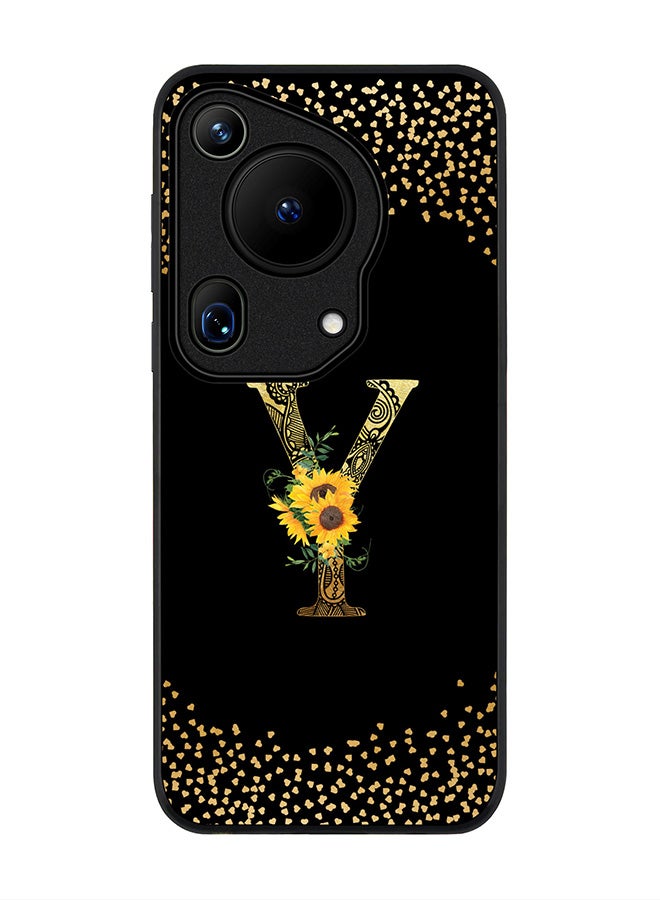 Stylizedd Rugged Black edge case for Huawei Pura 70 Ultra, Slim fit Case Flexible Cover - Custom Monogram Initial Letter Floral Pattern Alphabet - Y ( Black ) - Image 1