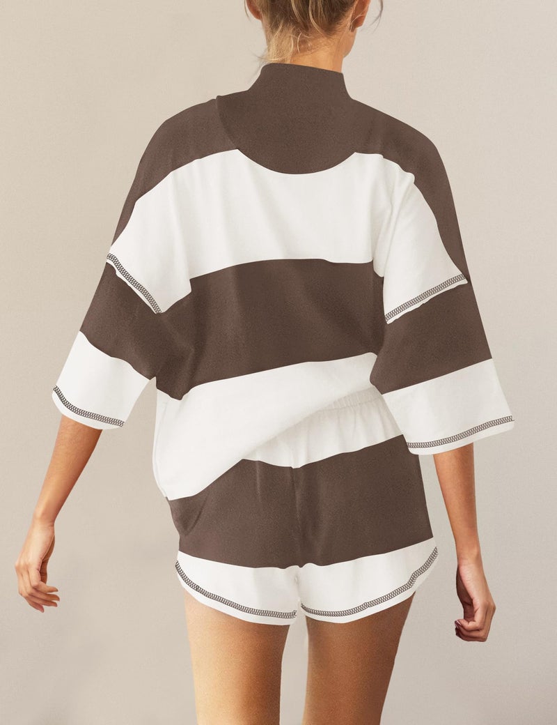 Panadila Women Striped Workout Set Two Piece Outfit Tracksuit Oversized Lounge Set Top and Shorts Sets with Pockets(Coffee White Combo,L) - Image 3
