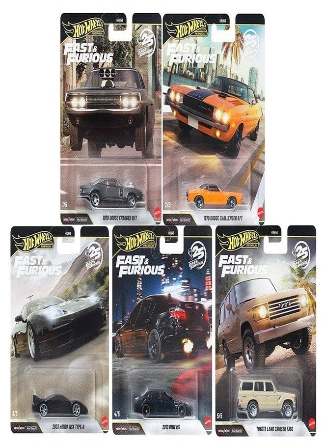 Hot Wheels Premium Fast & Furious 25th Anniversary Die-Cast Cars, Set of 5, 1:64 Scale HNW46-956Q - Image 1