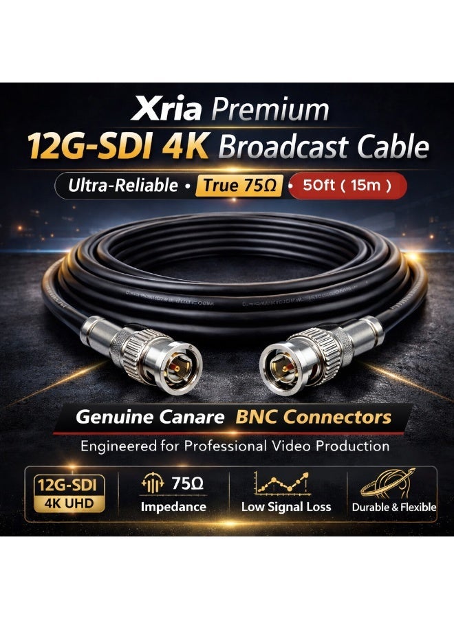 Xria Premium 12G-SDI 4K Broadcast Video Cable – 15m (49ft) Canare BNC to BNC 75Ω Professional SDI Cable for Studio, Cameras, Switchers & Live Streaming - Image 3
